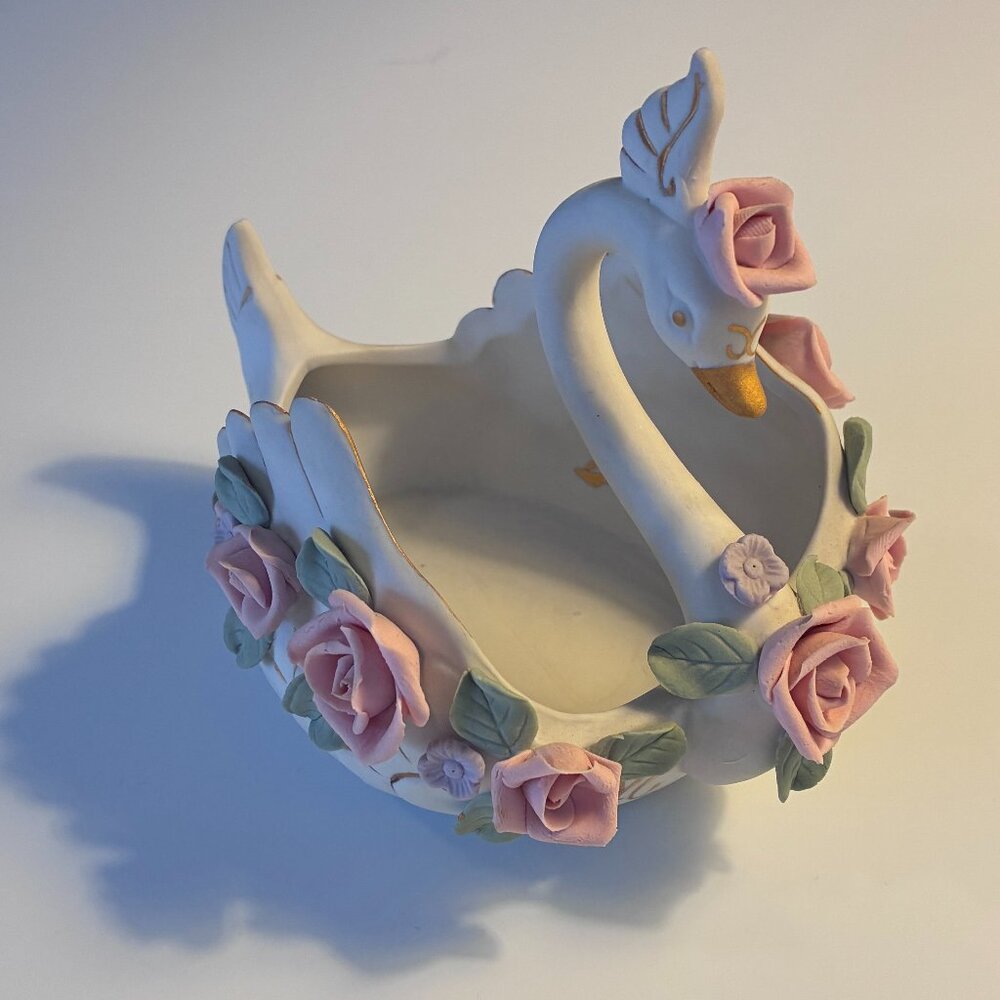 Mid Century Porcelain Swan Dish with Gold Trim